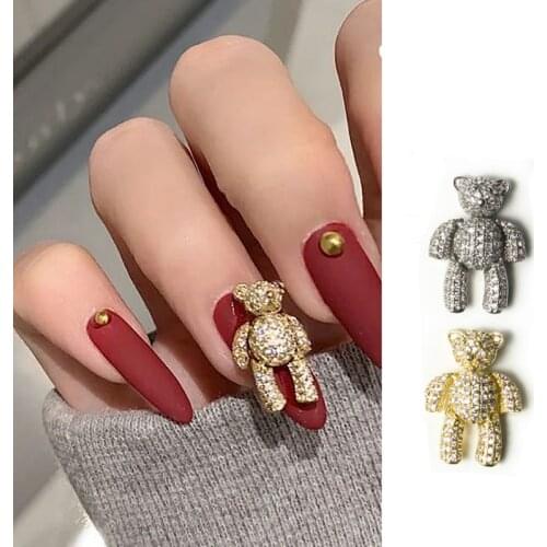 3D Alloy Cute Bear Zircon Nail Art Decorations Gold Silver Movable Small Bear Crystal Luxury Jewelry Manicure Design Accessories