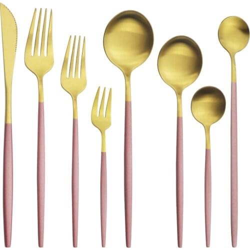 8Pcs Pink Gold Dinnerware Cutlery Set Knife Dessert Cake Fork Tea Spoon Tableware Matte Stainless Steel Flatware Silverware Set