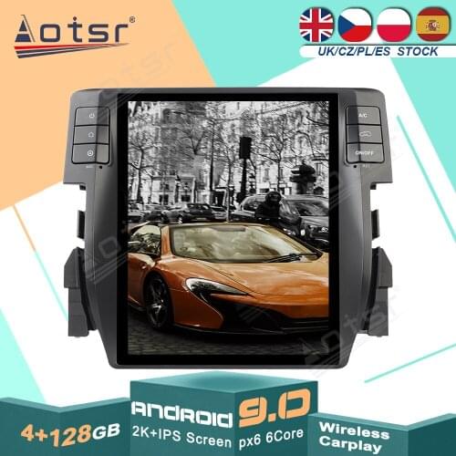 For Honda Civic 2016 - 2019 Android 9.0 Tesla Style 128GB ROM PX6 Carplay Car GPS Navigation Multimedia Radio Player WIFI BT
