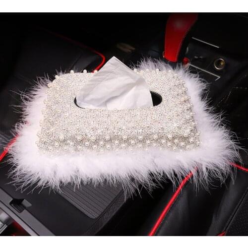 White Pearl Home Office Tissue Box with Bling Bling Crystals Car Paper Towel Cover Case Tissue Box for Women Girls