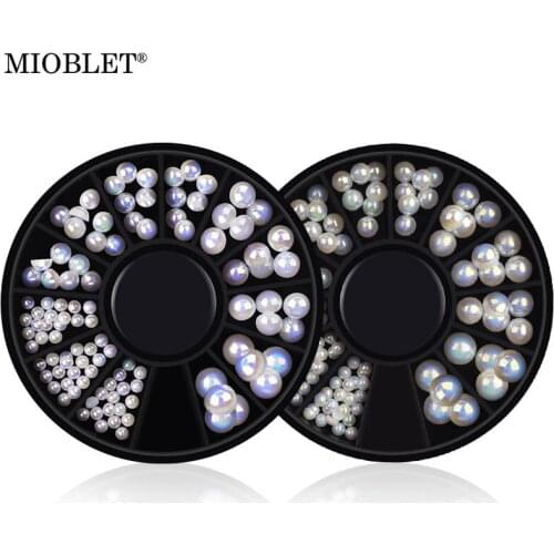 MIOBLET Mixed 2.5mm/4mm/5mm/6mm Nail Art Pearls White AB & Off White AB Half Round Flat Back Pearl 3D Glitter Beads Decorations