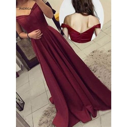 Elegant Wine Red Evening Dresses Long Party Dress A-Line Off Shoulder Stain Open Back zipper Simple Evening Dress