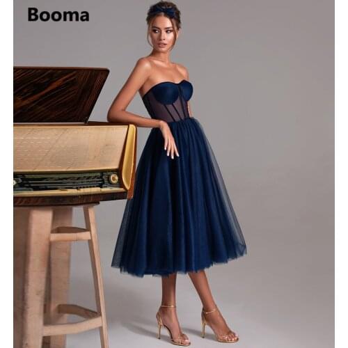 Elegant Navy Blue Short Prom Dresses Sweetheart Exposed Boning Tea-Length Party Dresses Sleeveless Illusion Tulle Formal Gowns