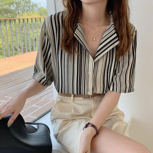 Korean Fashion Women Clothing 2021 Vetement Femme Blusas Summer Chiffon Top Short-sleeved V-Neck Elegant Fashion Striped 1033