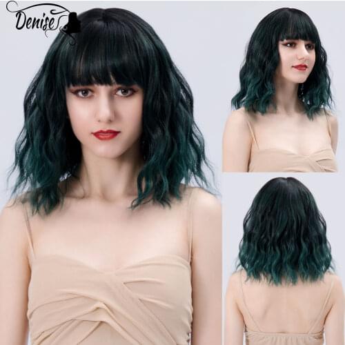 Cosplay Green Short Wave Ombre Natural Synthetic Wig With Bangs For White Women Hair Curly Heat Resistant Female Fiber Wigs