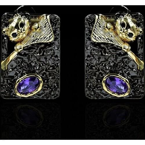 Creative Black Gold 925 Silver Ladies Earrings Kitty Purple Zircon Earrings Animal Cat Ladies Jewelry Earings for Women