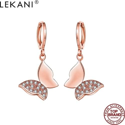 LEKANI Romantic Butterfly Drop Earrings For Women Full Cubic Zirconia Rose Gold Color Earring Engagement Female Fashion Jewelry