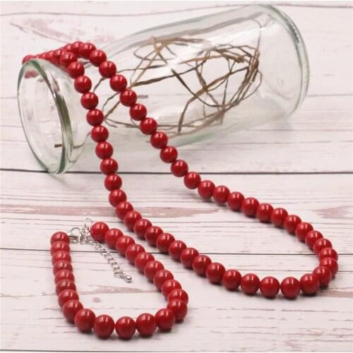 Hot Red Artificial Shell Imitation Pearl 8mm Round Beads Necklace Bracelet Set for Women Christma Gift Accessories 18inch Y537