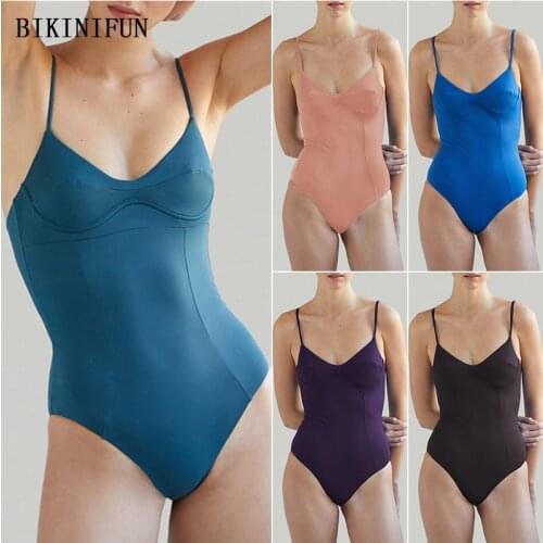 2020 New Sexy Deep V Beachwear Women Solid Color Monokini Backless Swimsuit S-2XL Girl Plus Size Swimwear Strappy One Piece Suit