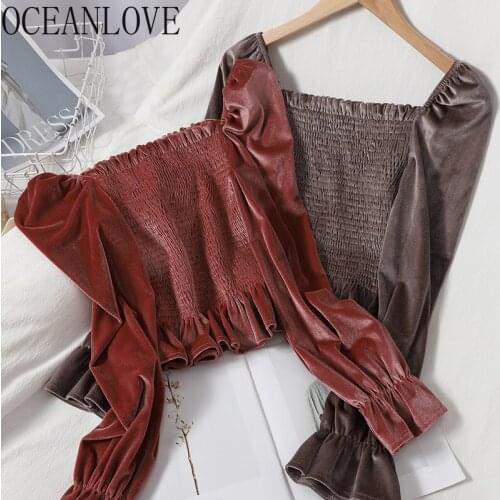 OCEANLOVE Sqaure Neck Blusa Feminina Velvet Solid Short Puff Sleeve Ropa Mujer Korean Autumn Winter Vintage Slim Women Blouses