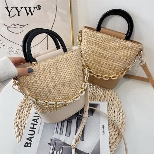 Chain Woven Bucket Bag Crossbody Bags for Women Casual Handbags for Women Messenger Bag Beach Bags Straw Basket Ladies Straw Bag