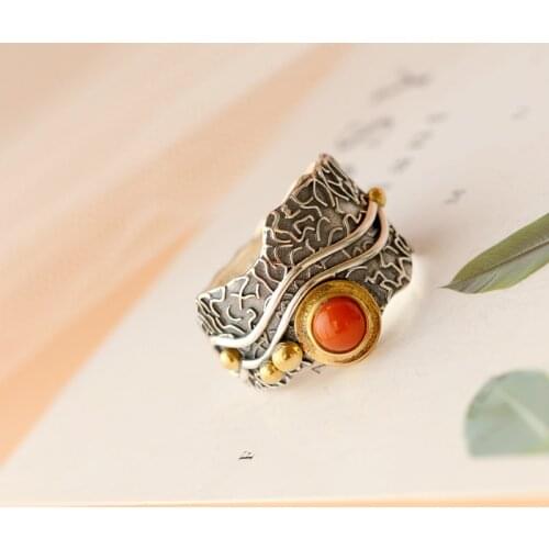 Authentic 925 Sterling Silver Lady Retro Style Charm Ring Inlaid Natural South Red Agate Rings Trendy Creativ Jewelry Gift