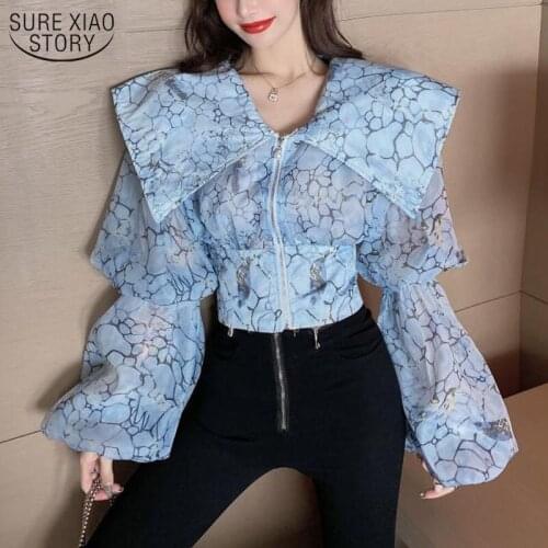 Womens Big Turn Down Collar Printing Shirt Fashion Female Lantern Sleeve Elegant Top Perspective Zipper Blouses Shirts 13965