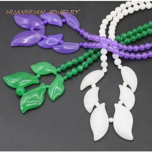 Charms Strand Beaded Necklace & Pendant For Women 6mm Natural Stone Jades Round Beads 28-37mm Leaf Pendants Jewelry 18inch B3393