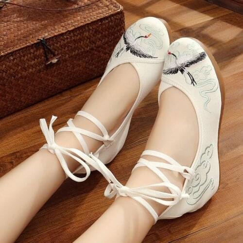 Vintage Crane Embroidery Ladies Canvas Hidden Wedge Platforms Shoes Elegant Ankle Strap Comfort Women Casual Wedged Footwear