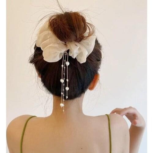 Japan and South Korea new tassel large intestine hair ring girl ball head rope rubber band coil hair pendant pearl hair rope