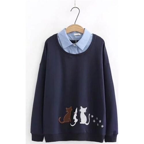 Merry Pretty Women Cartoon Cat Embroidery Hoodies Turndown Collar Long Sleeve Sweatshirts 2020 Autumn Winter Harajuku Pullovers