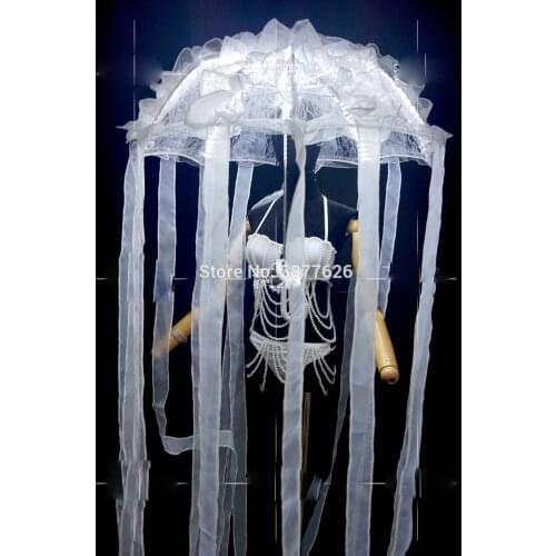 Women Summer Ocean Party LED Light Jellyfish Umbrella Pearl Bikini Costume