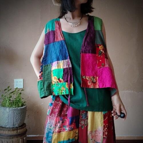 Johnature Vintage Women 2021 Vest Patchwork Single Breasted Random Color Stand Collar New Autumn Clothes Leisure Women Vests