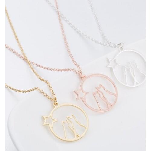 Rose Gold Star Cat Necklace 3 Color Exquisite Stainless Steel Hollow Pendant Elegant Women Charm Jewelry Wholesale