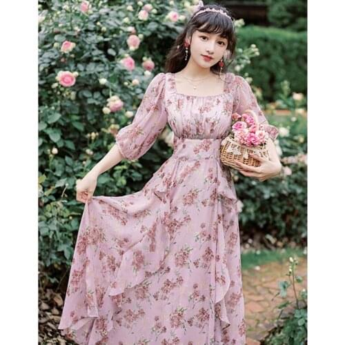 Women Summer Romantic French Chiffon Floral Fairy Dress Bowknot Lace Thin Puff Sleeve Square Neck Retro Dresses