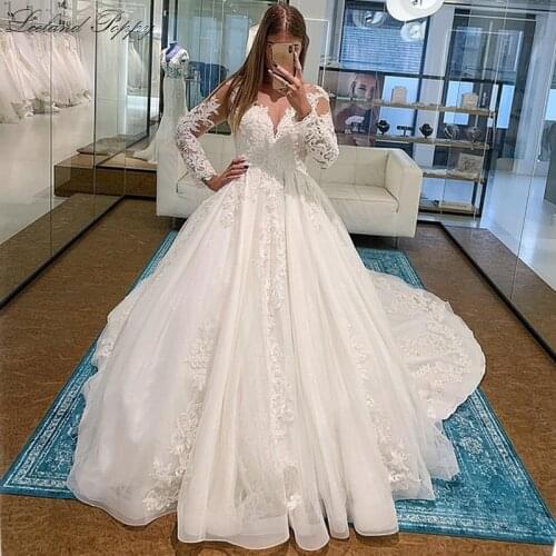 Lceland Poppy A-line Wedding Dresses Plus Size Scoop Neck Long Sleeves Lace Appliques Floor Length Vestido de Novia Bridal Gowns