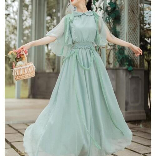 Mori Girl Cottage Fairy Vintage Dress Long Ribbon Ruffled Middle Sleeve Peterpan Collar Light Green Holiday Dress Women Vestidos
