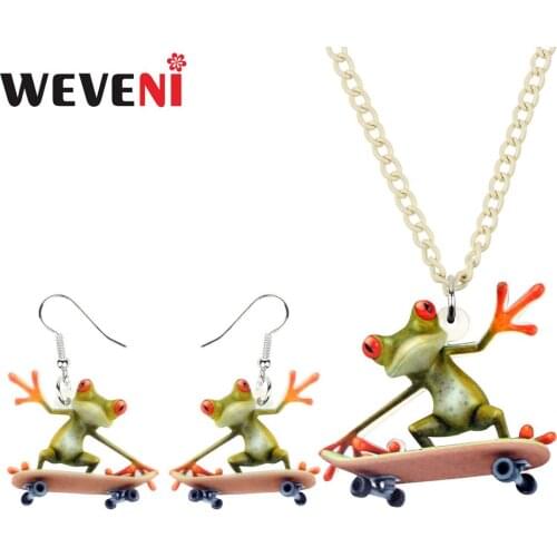 WEVENI Acrylic Skateboard Frog Necklace Earrings Jewelry Sets Funny Cute Festival Decorations Girls Teens Lady Charms Party Gift