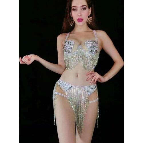 Shining Rhinestone Bikini Outfit Women Sexy Party Costumes Rhinestones Outfit Glisten Beads Costume Dance Wear Singer Stage Wear