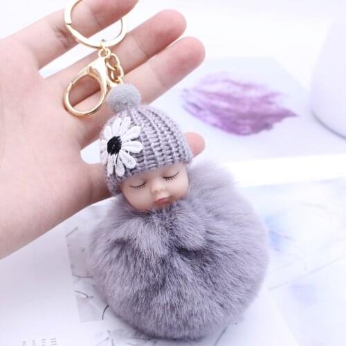Baby Doll Toy Dropship Cute Sleeping Baby Doll Key Chains For Women Bag Toy Key Ring Fluffy Pom pom Faux Fur Plush Keychains