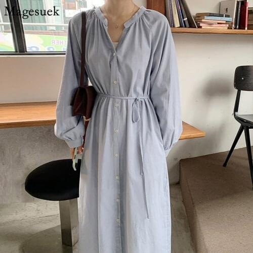 Elegant Women Autumn Long Sleeve V Neck Long Dress Loose Single-Breasted Shirt Dress Casual Solid Cotton Lady Dresses Robe 15819