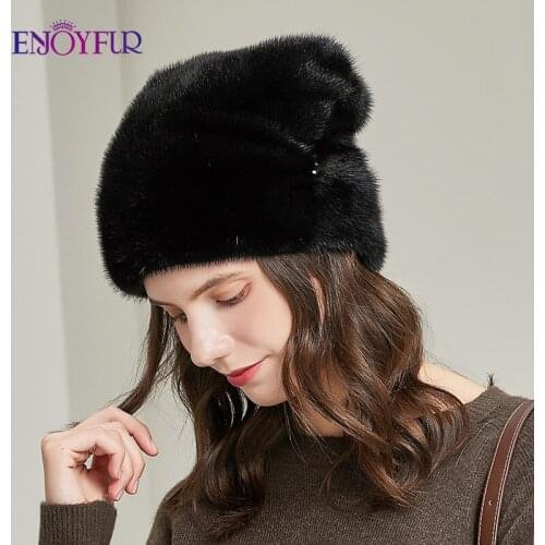 ENJOYFUR Women Winter Whole Mink Fur Hats Hand-Sewn Fashion Genuine Fur Bonnets Warm Female Casual Ski Designer Earflap Beanies