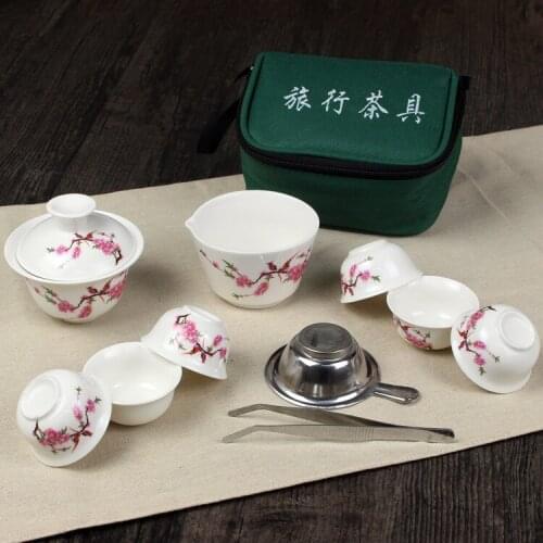 11 Pcs Travel Tea Sets Chinese Portable Ceramic Bone China Gaiwan Teacup Porcelain Tea Cup The Kung Fu Travel Tea Set Bag
