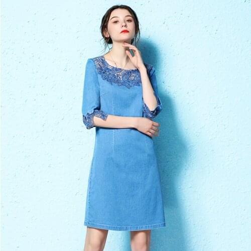 2021Summer denim dress female water-soluble flower lace hollowed out thin mid-length embroidery dress summer NW20A6692