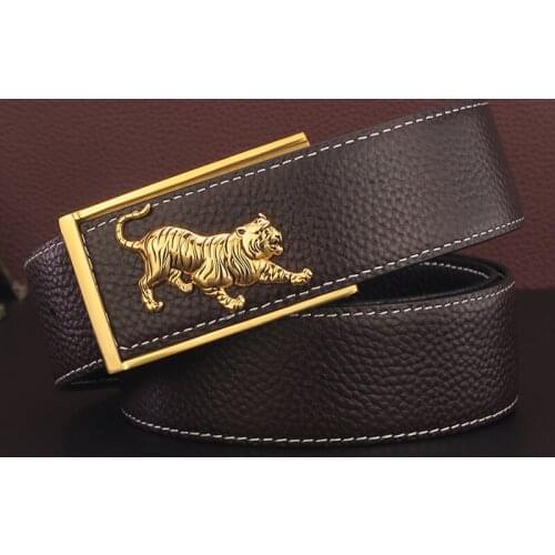 Fashion slide buckle Tiger belt men Top cow genuine leather 3.8cm Wide Golden Waist Strap cintos masculinos Black Cowskin Casual