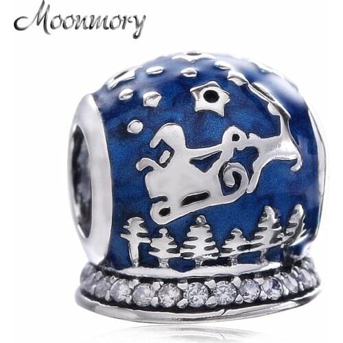 Moonmory Christmas Blue Charm Authentic 925 Sterling Silver Star Snowman Tree Mixed Enamel Bead Fit Women Bracelet DIY Jewelry