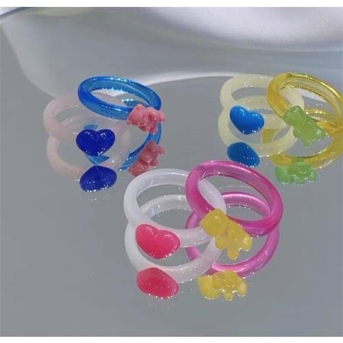 NEW Korean Cute Cartoon Colorful Geometric Heart Acrylic Resin Bear Rings Set For Women Girls Fashion Transparent Rings Jewelry