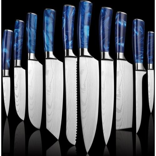 Kitchen Knives Set 2-10 PCS Blue Resin Handle Chef Knife Carbon Stainless Steel Santoku Sharp Cleaver Slicing Knife Kitchen Gift
