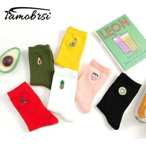 Cartoon Embroidery Sweet Fruit Avocado Peach Socks Cute Korean Streetwear Women Socks Warm Funny Short Winter Cotton Happy Socks