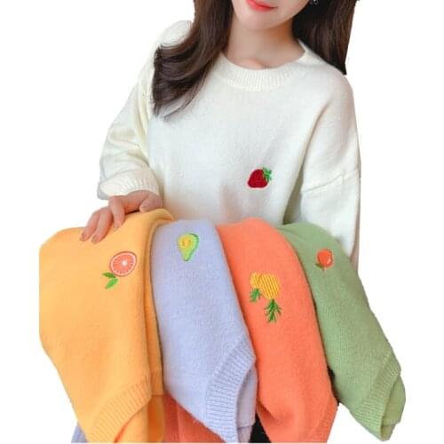 New Winter Sweater Candy Color Pullovers Womens Round Collar Loose Cute Fruit Embroidery Casual Knitting Outwear Pullover Female