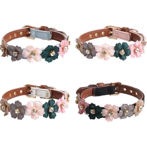 3D Flowers Dog Collar Small Dogs Cat Princess Necklace Pet Products Cute Shiny Diamonds PU Collar For Chihuahua Small Dogs