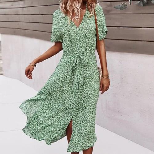Floral Dress Ladies Casual Printed V-neck Mid-length Dress Ladies Short Sleeve Button Loose Lace-up Dress Holiday Beach Vestidos