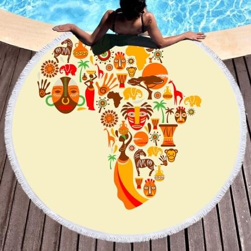 3D Printed Africa Map Beach Towels Summer Round Beach Towel Picnic Yoga Mat Orange Yellow Blanket For Adults Home Decoration