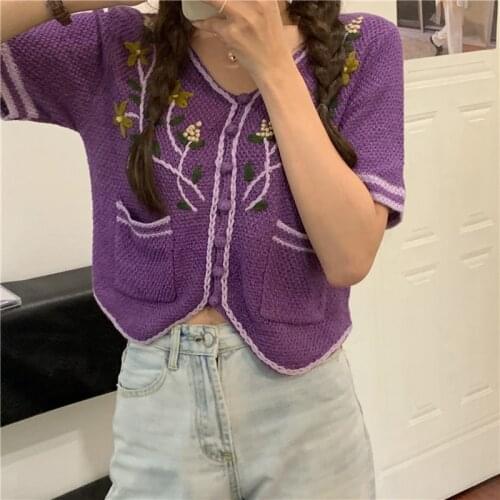 Crop Tops Slim Tank Tops Korean Embroidery Crop Top Flower T Shirt Sexy Hot Erotic Womens Clothing Knitting Shirts for Women