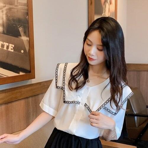 Short-Sleeved Shirt Loose Lace Stitching Womens V-neck 2021 Top Blouse Women Blusas Ropa De Mujer