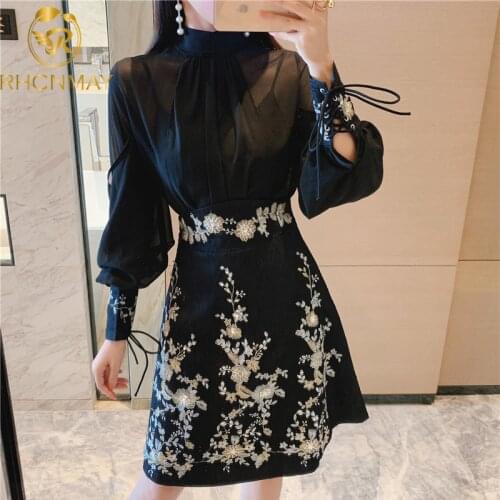 New arrival Runway Brand Suit Set Women Elegant Bowknot Collar See Through Chiffon Blouse Shirt + Beading Embroidery Skirt Set