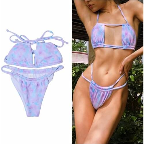 Tie Dye Two Piece Swimwear Women Summer Split Bathing Suit Tie-dye Mixed Color Tie Up Sexy Backless Bikini Swimsuit