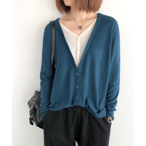 Women Knit Sweater V neck 2021 Cardigan Long sleeve Autumn Spring Thin Contrast Color Loose Women Coat