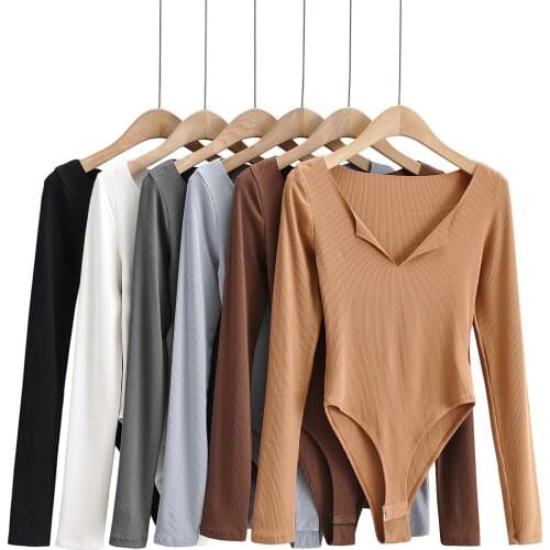 New White Black Body Sexy V Neck Bodysuit Women Long Sleeve Bodycon Jumpsuit Top