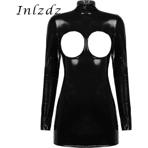 Womens Lingerie Bare Breast Open Butt Bodysuit Wet-Look Patent Leather Stand Collar Long Sleeve Zipper Sexy Mini Dress Clubwear